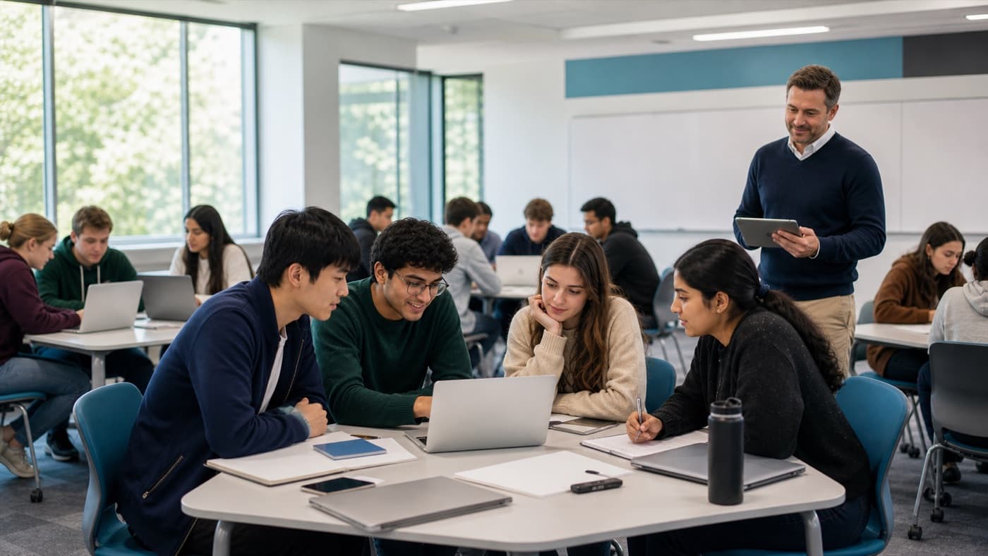 A tutor supporting student teams during a tutorial