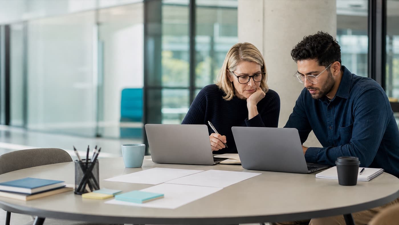 Two course staff working together at laptops